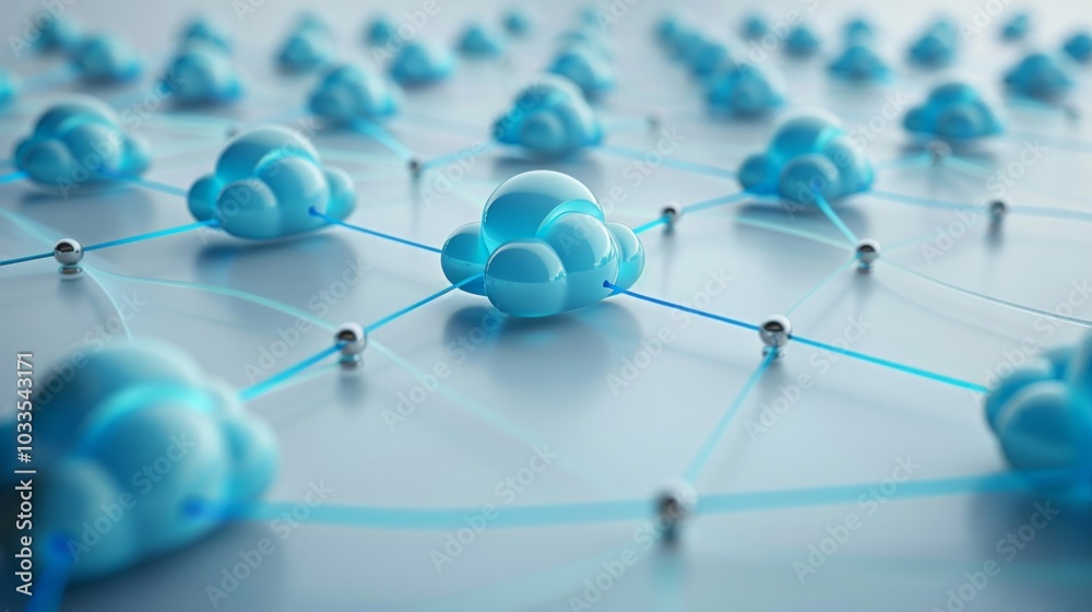 Abstract network of connected blue clouds with silver spheres. AI generative. . Abstract network of connected blue clouds with silver spheres. AI generative. .