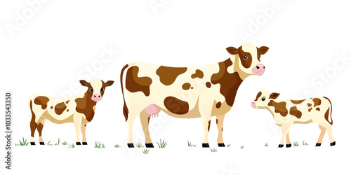  "Brown and White Cows with Calves on Grass Vector Illustration
