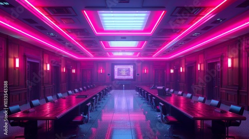 Long conference table lit by pink neon lights in a dark room. AI generative. .