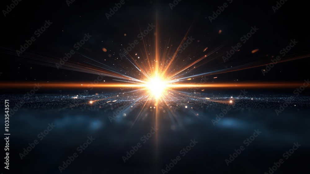 A dynamic lens flare with a central light source, emitting bright rays and scattered particles in a cosmic scene A dynamic lens flare with a central light source, emitting bright rays and scattered particles in a cosmic scene