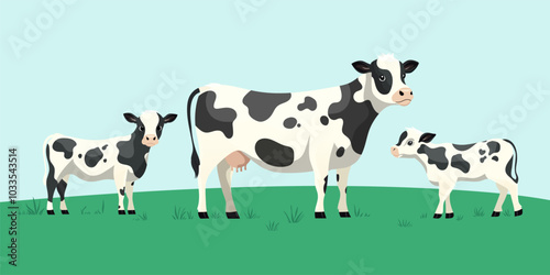 Holstein Cows Family on Pasture - Vector Illustration