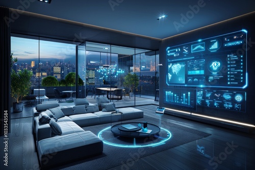 Modern living room with a futuristic touch, featuring glowing blue displays and a city view. AI generative. .