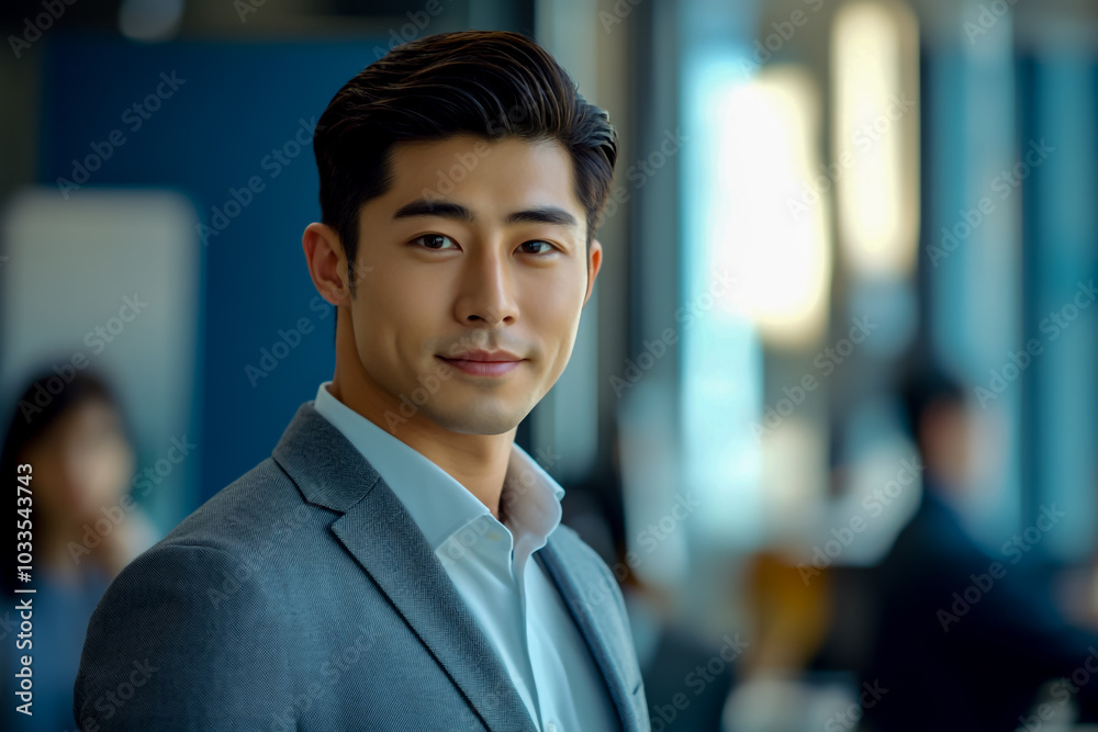 A handsome man in a grey suit, with an office background and blurred people working behind him.