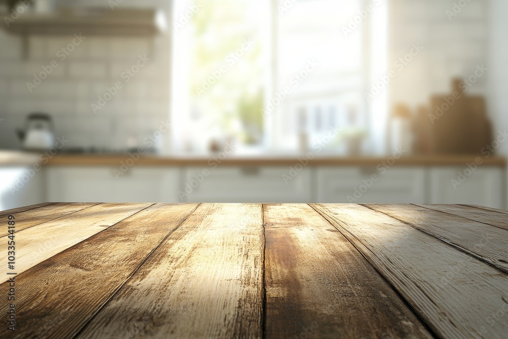 Empty rustic wooden table top in front of blurred kitchen background. Empty rustic wooden table top in front of blurred kitchen background.