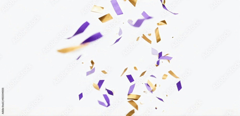 confetti background Stunning purple and gold confetti falls down on a white background for the celebration. Festive decoration 

