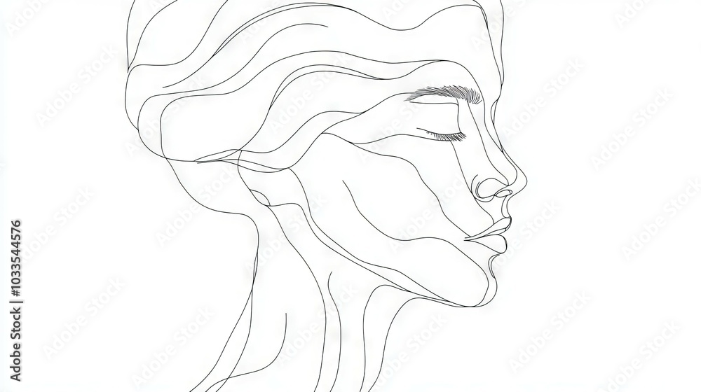 Line art female portrait. Abstract line drawing of a female face, representing beauty, peace, and serenity. Line art female portrait. Abstract line drawing of a female face, representing beauty, peace, and serenity.
