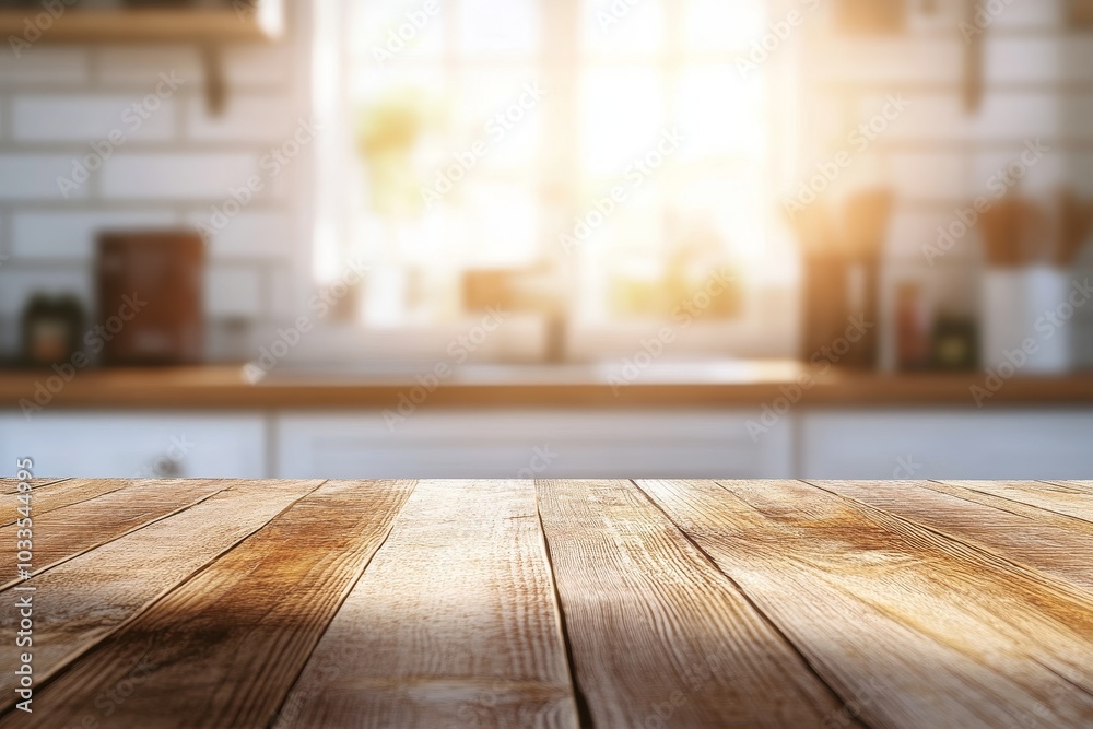 A wooden countertop with a blurred background of a kitchen with sunlight streaming through a window. A wooden countertop with a blurred background of a kitchen with sunlight streaming through a window.