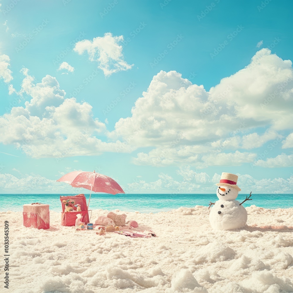 A whimsical beach scene featuring a snowman, umbrella, and picnic setup. A whimsical beach scene featuring a snowman, umbrella, and picnic setup.