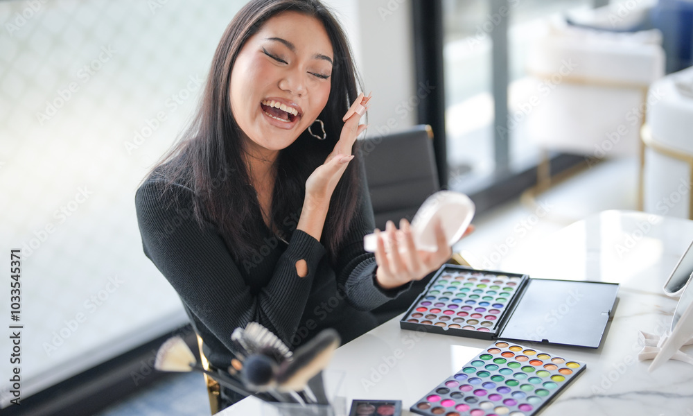 Beauty influencer Asian girl makeup artist recommending foundation cosmetic. .Woman blogger vlogger video Beauty influencer asian girl video online marketing live streaming Beauty influencer Asian girl makeup artist recommending foundation cosmetic. .Woman blogger vlogger video Beauty influencer asian girl video online marketing live streaming