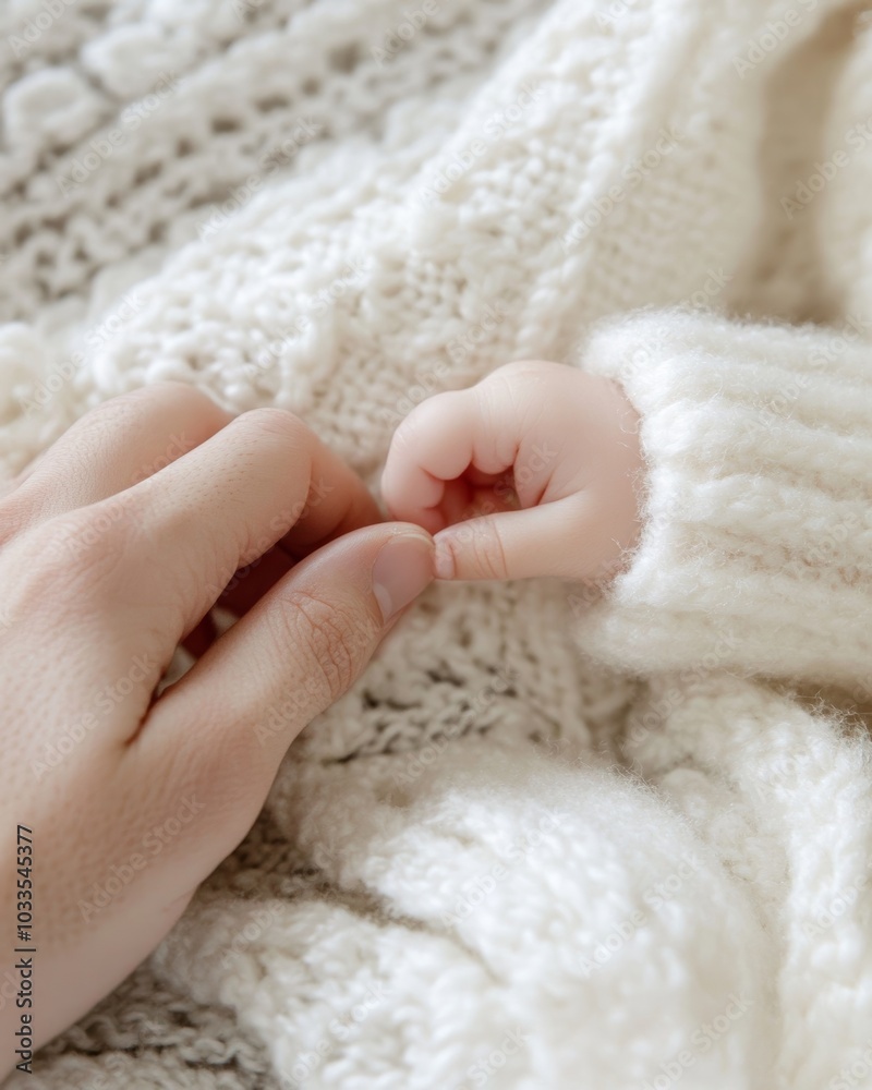 Baby’s Hand Holding Adult Finger on Soft White Blanket Baby’s Hand Holding Adult Finger on Soft White Blanket
