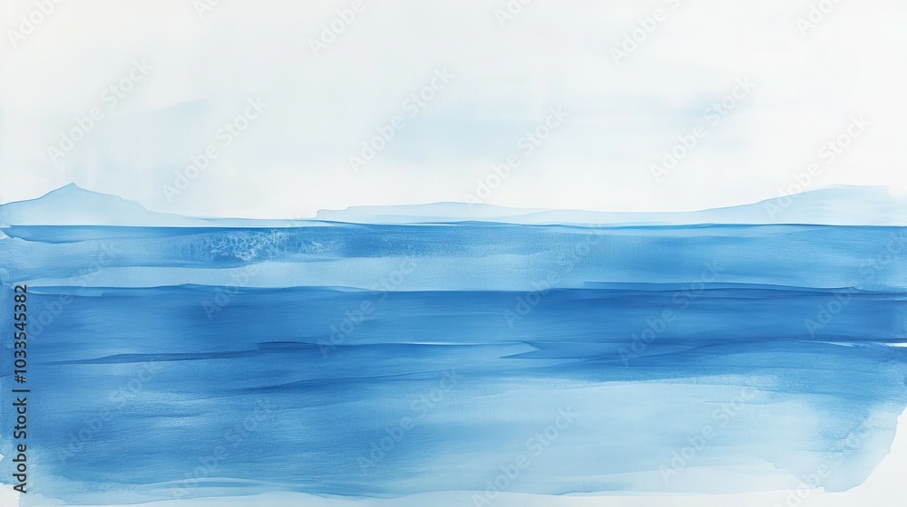 Fototapeta premium Blue horizon watercolor. Abstract watercolor painting of a calm ocean horizon. The blue hues evoke a sense of tranquility and peace. Perfect for a modern home or office.