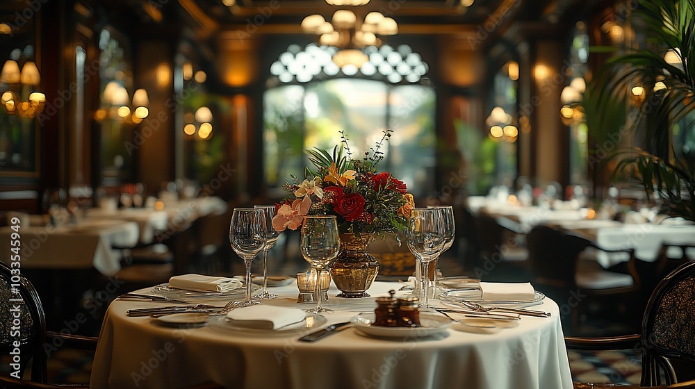 A table set for two in a luxurious restaurant with a floral centerpiece, white tablecloth, and silverware. A table set for two in a luxurious restaurant with a floral centerpiece, white tablecloth, and silverware.