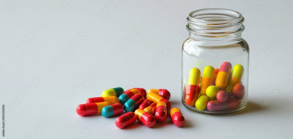A glass pill bottle with vibrant capsules spilled beside it, set on a white surface, symbolizing medicine and healthcare A glass pill bottle with vibrant capsules spilled beside it, set on a white surface, symbolizing medicine and healthcare