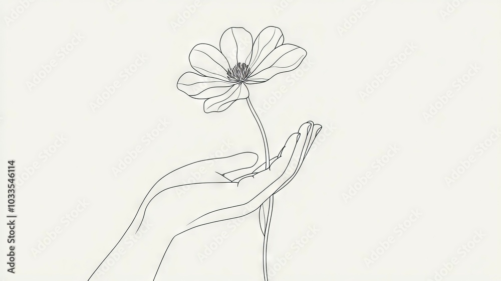 Hand holding flower. Line art illustration of a hand delicately holding a single flower, symbolizing beauty, care, and new beginnings. Hand holding flower. Line art illustration of a hand delicately holding a single flower, symbolizing beauty, care, and new beginnings.