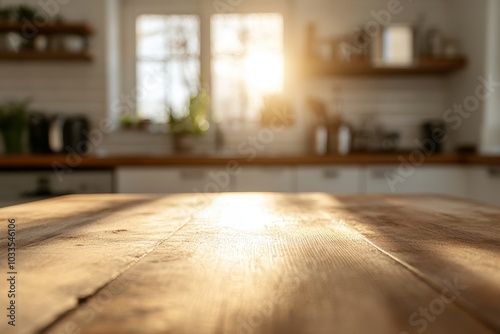 Wooden table with sunlight shining through a window in a kitchen, with a blurry background.