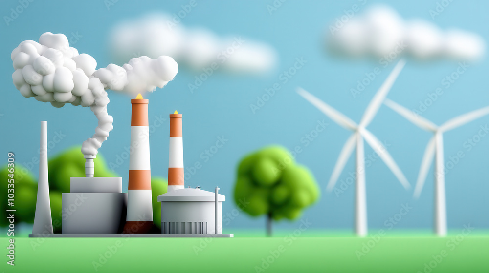 Eco friendly biofuel processing plant with wind turbines and trees, showcasing sustainable energy production and environmental awareness Eco friendly biofuel processing plant with wind turbines and trees, showcasing sustainable energy production and environmental awareness