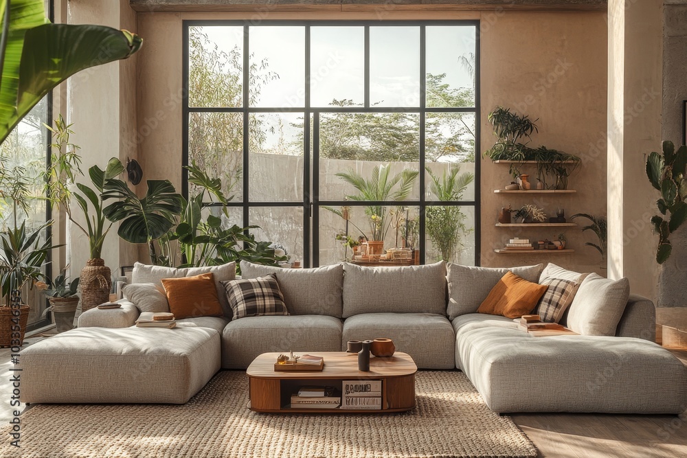 Fototapeta premium Modern interior of open space with design modular sofa, furniture, wooden coffee tables, plaid, pillows, tropical plants and elegant personal accessories in stylish home decor. Neutral living