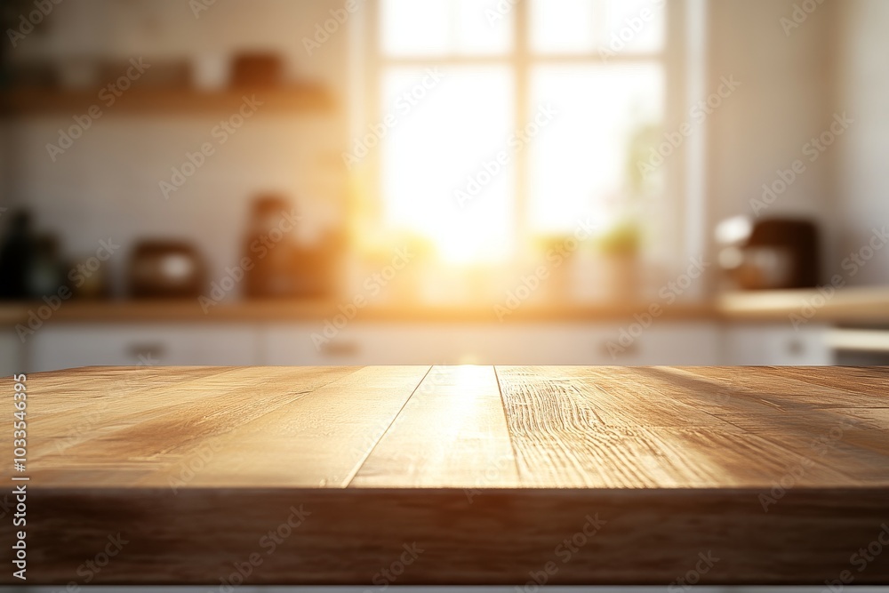 Empty wooden table in kitchen with blurred background and sunlight.
