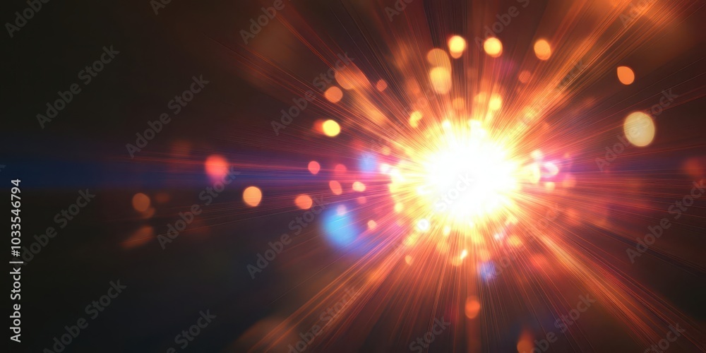 Obraz premium A glowing explosion of light with vibrant lens flares, illuminating the surrounding darkness with bursts of energy