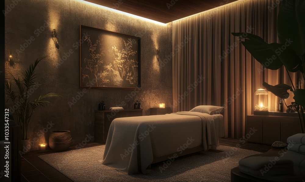 Dimly lit spa room with massage table. Dimly lit spa room with massage table.