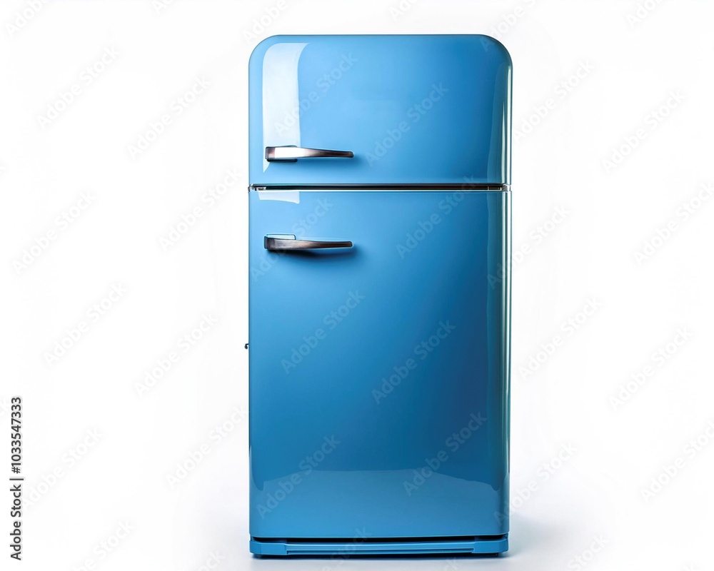 A retro blue fridge against a white background, blending vintage design with modern flair. Ideal for kitchens with a stylish, nostalgic, and contemporary twist. A retro blue fridge against a white background, blending vintage design with modern flair. Ideal for kitchens with a stylish, nostalgic, and contemporary twist.