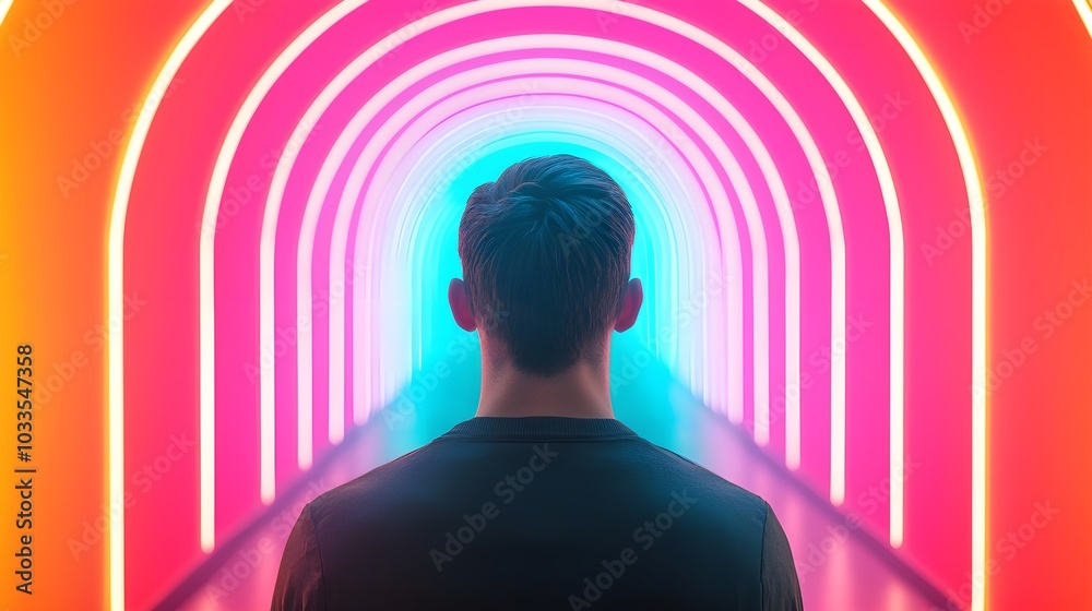 Individual contemplating in a vibrant neon-lit tunnel