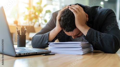 Overworked Corporate Employee Experiencing Stress and Burnout at Cluttered Desk with Folders - Concept of Workplace Pressure and Mental Exhaustion