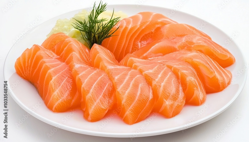 Freshly sliced salmon sashimi arranged elegantly on a plate, garnished with dill and lettuce, showcasing vibrant orange color. Freshly sliced salmon sashimi arranged elegantly on a plate, garnished with dill and lettuce, showcasing vibrant orange color.