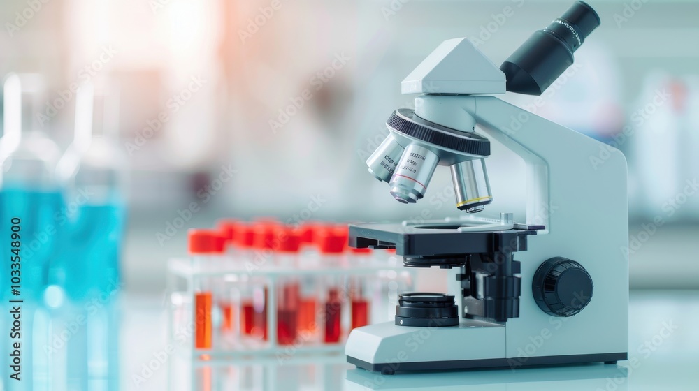 Close-up of a microscope in a laboratory setting with test tubes in the background, representing scientific research and analysis. Close-up of a microscope in a laboratory setting with test tubes in the background, representing scientific research and analysis.