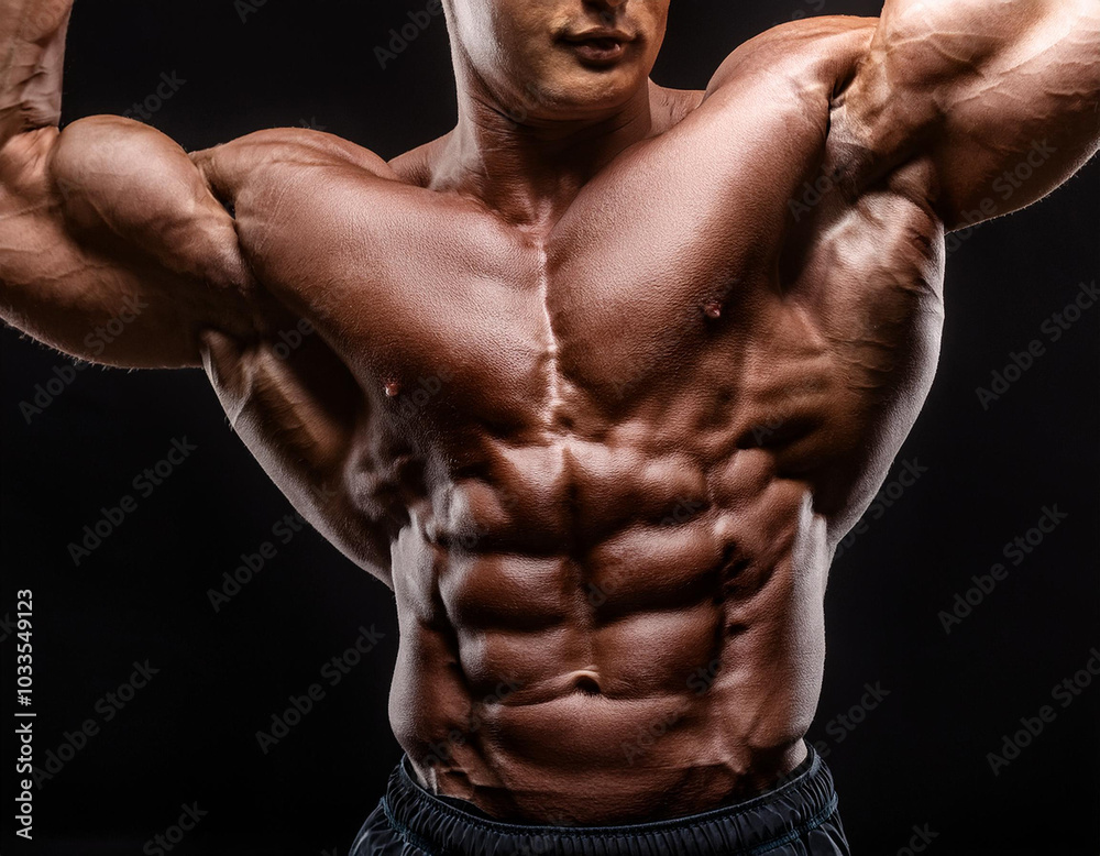 Torso de culturista posando sobre fondo negro