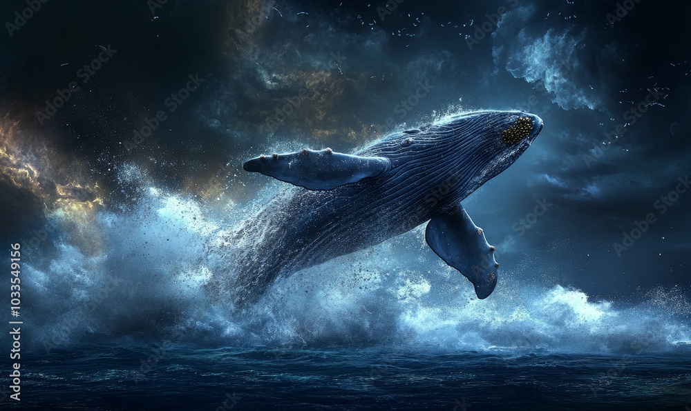 Fototapeta premium Whale leaps from dark ocean waves.