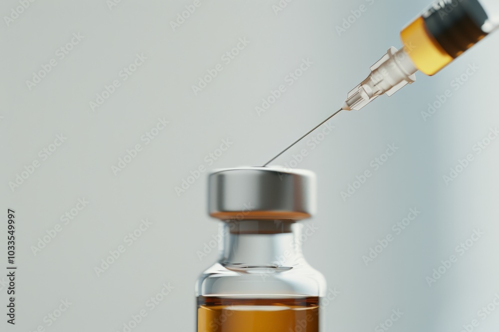 A syringe drawing liquid from a medical vial, symbolizing healthcare, vaccinations, and pharmaceutical innovations in a close-up shot with warm lighting. A syringe drawing liquid from a medical vial, symbolizing healthcare, vaccinations, and pharmaceutical innovations in a close-up shot with warm lighting.