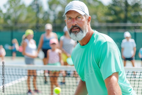 A vibrant moment on a pickleball court with players in action, featuring a close-up of a yellow ball in the air and an athlete in an orange shirt, with a sunny, clear sky in the background.