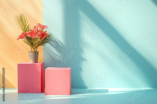 Minimalist compositions on the cubes with flowers, decorations, carpet and personal accessories. Home deor. Template. Copy space, Generative AI photo