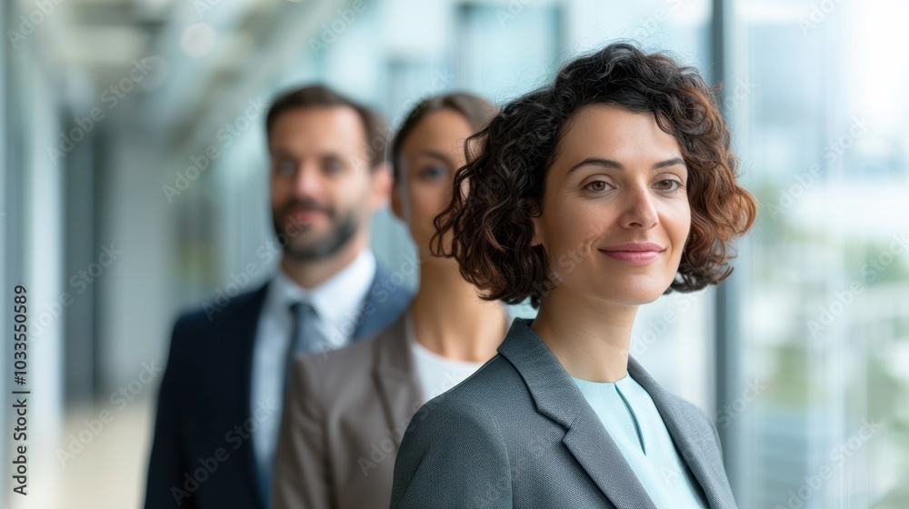 Confident business professionals line up in a modern office corridor, showcasing leadership and teamwork in a corporate environment. Confident business professionals line up in a modern office corridor, showcasing leadership and teamwork in a corporate environment.