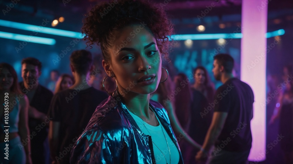 Stylish woman in reflective jacket enjoying a nightclub party with vibrant lighting Stylish woman in reflective jacket enjoying a nightclub party with vibrant lighting