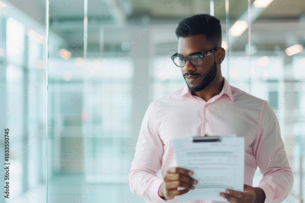 Obraz premium Confident businessman holding documents in a modern office setting, exemplifying professionalism and focus in a corporate environment.