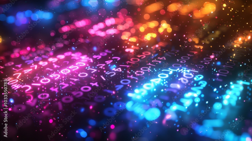 Fototapeta premium Abstract digital background with colorful glowing numbers and symbols. Futuristic technology concept.