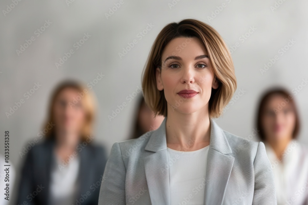 Confident businesswoman in a professional setting with blurred colleagues in background, showcasing leadership and focus in the workplace. Confident businesswoman in a professional setting with blurred colleagues in background, showcasing leadership and focus in the workplace.