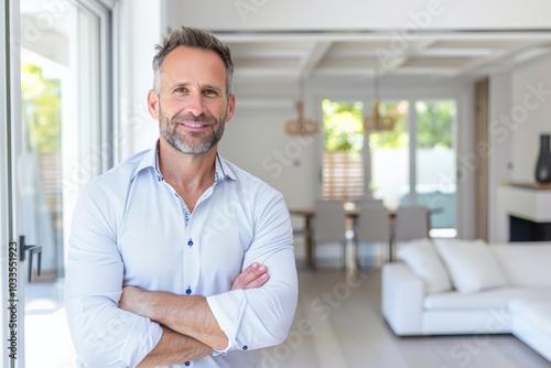 A cheerful businessman standing in a modern, bright office space while holding a tablet. His confident smile and casual yet professional attire create a welcoming and approachable atmosphere.