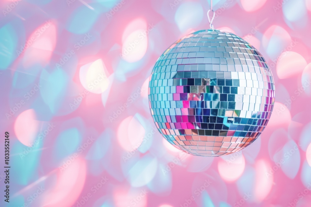 Obraz premium A sparkling disco ball reflecting pink and blue neon lights, hanging in front of a vibrant, colorful backdrop. 