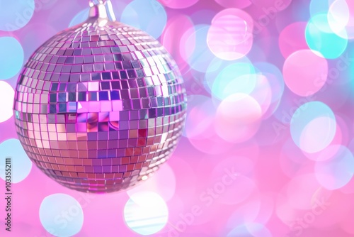 A shiny disco ball reflecting colorful lights in a festive setting with wooden background and bokeh lights. The retro-inspired decoration adds a playful and celebratory vibe to the scene.