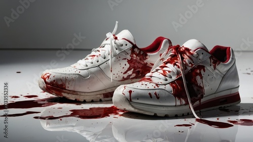 bloody sneakers, red-painted sneakers, dirty sneakers, crime scene sneakers.