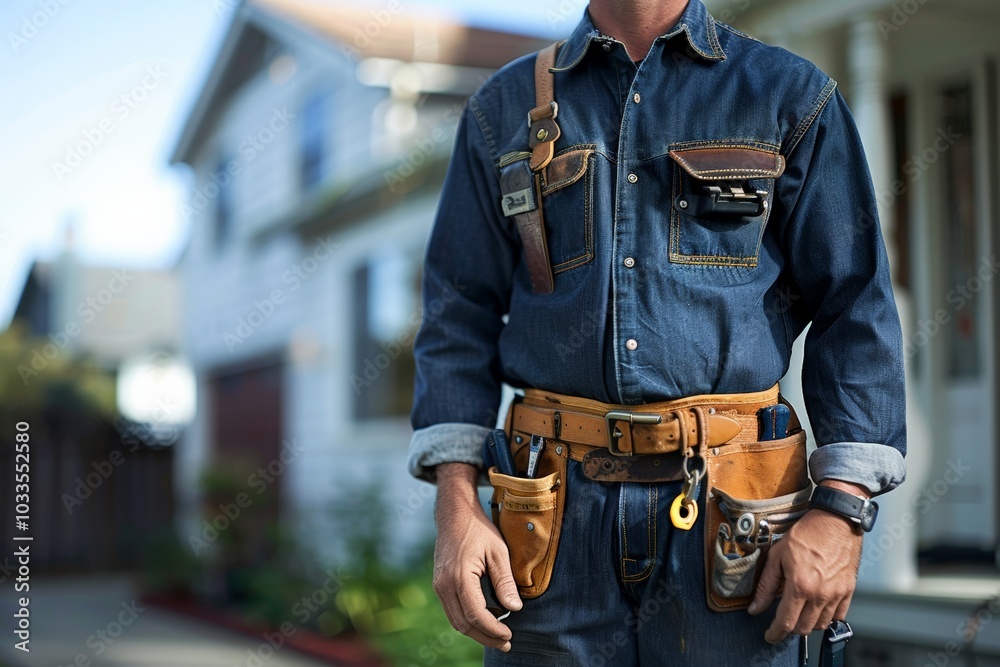 A construction worker standing in front of a house, wearing a tool belt filled with various tools. The scene captures the readiness for home repair and construction work. A construction worker standing in front of a house, wearing a tool belt filled with various tools. The scene captures the readiness for home repair and construction work.