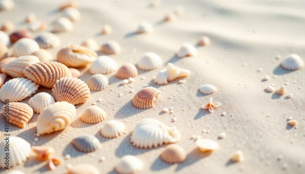 Sea shells scattered on sandy beach in soft sunlight Sea shells scattered on sandy beach in soft sunlight