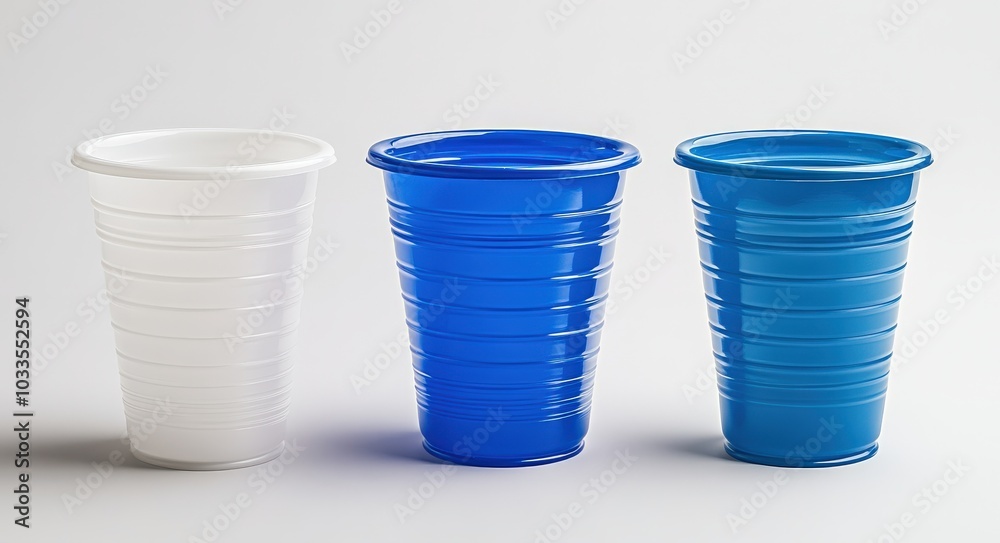 Empty Plastic Cup Trio. Three Colorful Cups in White, Blue and Assorted Colors Empty Plastic Cup Trio. Three Colorful Cups in White, Blue and Assorted Colors