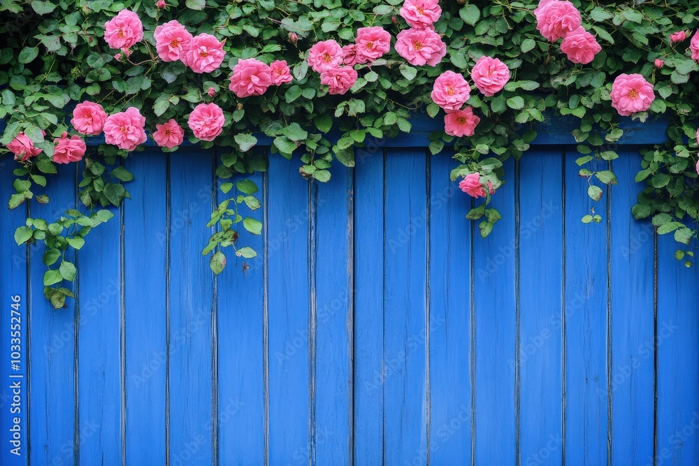Climbing Roses on a Blue Wooden Gate. Beautiful Pink Roses Adorning ...