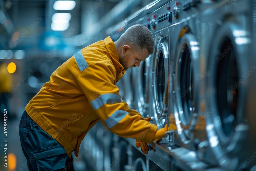 A close-up of industrial washing machines in a professional laundry