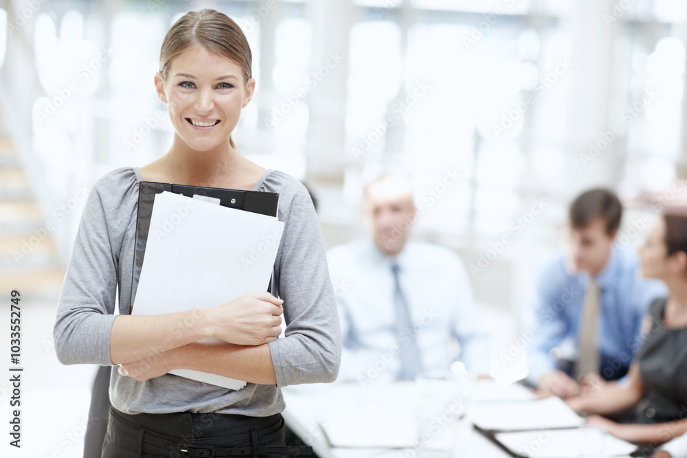 Portrait, business and woman with documents, boardroom and professional in agency, confident and smile. Happy, proud and corporate people in office, underwriter and paperwork for insurance company Portrait, business and woman with documents, boardroom and professional in agency, confident and smile. Happy, proud and corporate people in office, underwriter and paperwork for insurance company