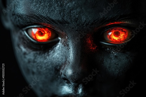 Glowing Red Eyes. Zombie Doll Face with Horror Creepy Eye in Dark Halloween Concept